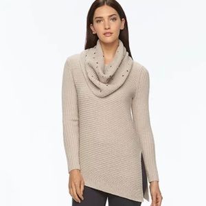 APT 9 Beige Bling Rinestone Sweater Removable Scarf Cowneck Collar Top M
